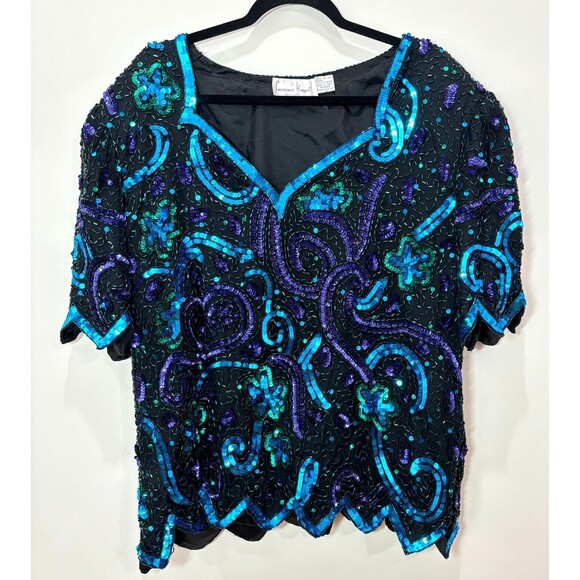 VTG Lawrence Kazar Sequin Top 3X Silk Blue Green Peacock Beads 80s Disco Evening - Picture 1 of 16
